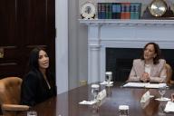 US media personality Kim Kardashian (L) attends an event on Second Chance Month with US Vice President Kamala Harris (R) in the Roosevelt Room of the White House in Washington, DC, USA, 25 April 2024. The White House issued a proclamation on Second Chance Month regarding efforts to give more than 650,000 people annually released from state and federal prisons in the United States âa fair shot at the American Dream