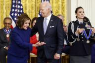 U.S. President Joe Biden presents former Speaker of the House Rep. Nancy Pelosi (D-CA) with the Presidential Medal of Freedom, the countryâs highest civilian honor, during a ceremony in the East Room of the White House in Washington, DC on Friday, May 3, 2024. Several of todayâs recipients are Democratic Party stalwarts, and Biden himself was awarded the honor by former President Barack Obama in the final days of their administration in 2017. Photo by Jonathan Ernst/Pool/ABACAPRESS