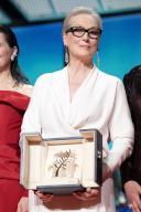 Meryl Streep receives the Honorary Palme DâOr Award from Juliette Binoche (L) on stage during the opening ceremony at the 77th annual Cannes Film Festival at Palais des Festivals on May 14, 2024 in Cannes, France. Photo by David NIVIERE/ABACAPRESS