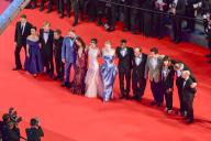 Hong Chau, Joe Alwyn, Willem Dafoe, Emma Stone, Yorgos Lanthimos, Jesse Plemons, Margaret Qualley, Mamoudou Athie, Hunter Schafer, Ed Guiney, Kasia Malipan and Andrew Lowe attend the "Kinds Of Kindness" screening at the 77th annual Cannes Film Festival at Palais des Festivals on May 17, 2024 in Cannes, France. Photo by Laurent Benhamou/Pool/ABACAPRESS