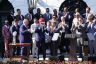 US President Joe Biden wears a helmet presented him as he welcomes the Kansas City Chiefs to celebrate their championship season and victory in Super Bowl LVIII on the South Lawn at the White House in Washington on May 31, 2024. Photo by Yuri Gripas/ABACAPRESS