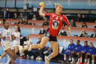 Veronica Kristiansen of Norway and Estelle Nze Minko of France during the IHF Women