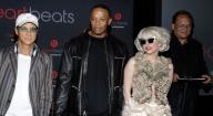 Producers Jimmy Iovine and Dr. Dre with singer Lady Gaga and Monster founder/CEO Noel Lee attend the launch of Monster and Beats by Dr. Dre