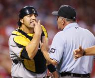 Pittsburgh Pirates catcher Rod Barajas gestures as he continues to argue after being thrown out of the game by home plate umpire Angel Campos, not pictured, in second-inning action against the St. Louis Cardinals on Wednesday, May 2, 2012, at Busch ...