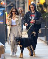 ....February 17 2020, New York City....Emily Ratajkowski and Sebastian Bear-McClard walk their dog Colombo in the East Village on Februaryin New York City.....By Line: Mike Reed/ACE Pictures......ACE Pictures Inc..Tel:Email: