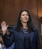 Angela M. Martinez is sworn-in during a Senate Committee on the Judiciary hearing for her pending nomination to be a United States District Judge for the District of Arizona, in the Dirksen Senate Office Building in Washington, DC, Wednesday, March 20, 2024. Credit: Rod Lamkey / CNP