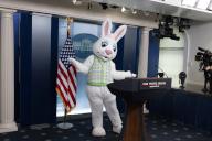 The Easter bunny joins the White House news briefing in the James Brady Press Briefing Room of the White House after the 2024 Easter Egg Roll, in Washington, DC, USA, 01 April 2024. About forty thousand people were expected to attend the 2024 Easter Egg Roll, which continues the theme of 