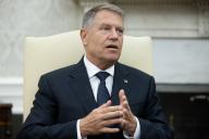 President Klaus Iohannis of Romania speaks during a meeting with United States President Joe Biden in the Oval Office of the White House in Washington, DC, USA, 07 May 2024. President Iohannis is on a three-day working visit to Washington, DC. Credit: Michael Reynolds / Pool via CNP