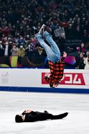 Keegan MESSING (CAN) doing a backflip over Maxime DESCHAMPS (CAN) during the Exhibition Gala, at the ISU World Figure Skating Championships 2023, at Saitama Super Arena, on March 26, 2023 in Saitama, Japan. (Photo by Raniero Corbelletti\/AFLO