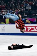 Keegan MESSING (CAN) doing a backflip over Maxime DESCHAMPS (CAN) during the Exhibition Gala, at the ISU World Figure Skating Championships 2023, at Saitama Super Arena, on March 26, 2023 in Saitama, Japan. (Photo by Raniero Corbelletti\/AFLO