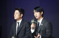 Ji Jin-Hee and Jung Hae-In, July 18, 2023 : South Korean actors Ji Jin-Hee and Jung Hae-In (R) attend a press conference for Netflix