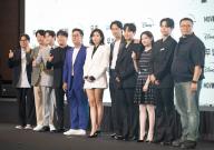 Park In-Je, Kim Hee-Won, Kim Sung-Kyun, Cha Tae-Hyun, Ryu Seung-Ryong, Han Hyo-Joo, Zo In-Sung, Lee Jung-Ha, Go Youn-Jung, Kim Do-Hoon and Kang Full, August 3, 2023 : (L-R) Director Park In-Je, cast members Kim Hee-Won, Kim Sung-Kyun, Cha Tae-Hyun, Ryu Seung-Ryong, Han Hyo-Joo, Zo In-Sung, Lee Jung-Ha, Go Youn-Jung, Kim Do-Hoon and writer Kang Full attend a press conference for Disney+ series "Moving" in Seoul, South Korea. The sci-fi action series "Moving" features a group of superpowered individuals who hide their true abilities from the world in order to protect their families from danger. The 20-episode series is based on a hit webtoon by Kang Full. (Photo by Lee Jae-Won/AFLO) (SOUTH KOREA
