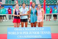 (L-R) Hayu Kinoshita (JPN), Wakana Sonobe (JPN), Mingge Xu (GBR), Kaitlin Quevedo (USA), October 14, 2023 - Tennis : Girls Doubles Victory Ceremony at ITC Utsubo Tennis Center during Osaka Mayor
