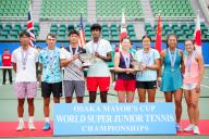 (L-R) Jangjun Kim (KOR), Hugh Winter (AUS), Tianhui Zhang (CHN), Adhithya Ganesan (USA), Hayu Kinoshita (JPN), Wakana Sonobe (JPN), Mingge Xu (GBR), Kaitlin Quevedo (USA), October 14, 2023 - Tennis : Doubles Victory Ceremony at ITC Utsubo Tennis Center during Osaka Mayor