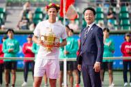 (L-R) Joel Schwaerzler (AUT), Hideyuki Yokoyama Mayor Of Osaka (JPN), October 15, 2023 - Tennis : Boys Singles Victory Ceremony at ITC Utsubo Tennis Center during Osaka Mayor