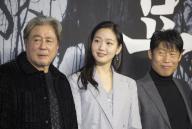 Choi Min-Sik, Kim Go-Eun and Yoo Hae-Jin, Jan 17, 2024 : (L-R) Cast members Choi Min-Sik, Kim Go-Eun and Yoo Hae-Jin pose during a press conference for the new movie "Exhuma" in Seoul, South Korea. The new supernatural mystery thriller revolves around mysterious events affecting a geomancer, an undertaker and a young shaman duo after they exhume the grave of an ancestor from a wealthy family for a large amount of money. The occult thriller will be released in Korea in February. (Photo by Lee Jae-Won/AFLO