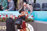 Naomi Osaka (JPN), APRIL 24, 2024 - Tennis : Naomi Osaka takes a selfie with a fan in the stands after the singles round of 128 match against Greet Minnen on the WTA 1000 tournaments Mutua Madrid Open tennis tournament at the Caja Magica in Madrid, Spain. (Photo by Mutsu Kawamori\/AFLO