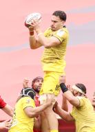 April 27, 2024, Tokyo, Japan - Tokyo Suntory Sungoliath lock Trevor Hosea catches the ball at a lineout during a Japan Rugby League One match against Toshiba Brave Lupus Tokyo at the Prince Chichibu rugby stadium in Tokyo on Saturday, April 27, 2024. Brave Lupus defeated Sungoliath 36-27. (photo by Yoshio Tsunoda\/AFLO