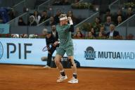 Denis Shapovalov (CAN), APRIL 28, 2024 - Tennis : Denis Shapovalov celebrate after point during singles round of 32 match against Alexander Zverev on the ATP tour Masters 1000 "Mutua Madrid Open tennis tournament" at the Caja Magica in Madrid, Spain. (Photo by Mutsu Kawamori\/AFLO