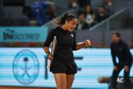 Robin Montgomery (USA), APRIL 28, 2024 - Tennis : Robin Montgomery celebrate after point during singles round of 32 match against Aryna Sabalenka on the WTA 1000 tournaments Mutua Madrid Open tennis tournament at the Caja Magica in Madrid, Spain. (Photo by Mutsu Kawamori\/AFLO