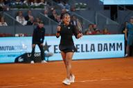 Robin Montgomery (USA), APRIL 28, 2024 - Tennis : Robin Montgomery celebrate after point during singles round of 32 match against Aryna Sabalenka on the WTA 1000 tournaments Mutua Madrid Open tennis tournament at the Caja Magica in Madrid, Spain. (Photo by Mutsu Kawamori\/AFLO