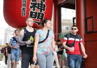 April 29, 2024, Tokyo, Japan - Foreign tourists visit Tokyo\'s Asakusa entertainment district on Monday, April 29, 2024. The number of inbound tourists marked 3.08 million in March, hit record high thanks weak yen. (photo by Yoshio Tsunoda\/AFLO