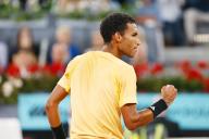 Felix Auger-Aliassime (CAN), MAY 5, 2024 - Tennis : Felix Auger-Aliassime celebrate after point during singles finals match against Andrey Rublev on the ATP tour Masters 1000 "Mutua Madrid Open tennis tournament" at the Caja Magica in Madrid, Spain. (Photo by Mutsu Kawamori\/AFLO