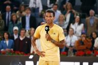 Felix Auger-Aliassime (CAN), MAY 5, 2024 - Tennis : Felix Auger-Aliassime speaks at the awards ceremony of singles finals match on the ATP tour Masters 1000 "Mutua Madrid Open tennis tournament" at the Caja Magica in Madrid, Spain. (Photo by Mutsu Kawamori\/AFLO
