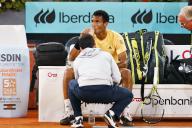 Felix Auger-Aliassime (CAN), MAY 5, 2024 - Tennis : Felix Auger-Aliassime getting a massage during singles finals match against Andrey Rublev on the ATP tour Masters 1000 "Mutua Madrid Open tennis tournament" at the Caja Magica in Madrid, Spain. (Photo by Mutsu Kawamori\/AFLO