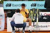 Felix Auger-Aliassime (CAN), MAY 5, 2024 - Tennis : Felix Auger-Aliassime getting a massage during singles finals match against Andrey Rublev on the ATP tour Masters 1000 "Mutua Madrid Open tennis tournament" at the Caja Magica in Madrid, Spain. (Photo by Mutsu Kawamori\/AFLO