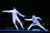 Italy\'s Guillaume Bianchi (R) fights against Italy\'s Tommaso Marini during the 2024 FIE Fencing World Cup Men\'s Foil semi-finals match in Hand Kong on May 3, 2024. (Photo by AFLO
