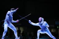 United States\' Maia Mei Weintraub (R) fights against Italy\'s Elena Tangherlini during the 2024 FIE Fencing World Cup Women\'s Foil final match in Hand Kong on May 3, 2024. (Photo by AFLO