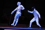 Japan\'s Takahiro Shikine (R) fights against Italy\'s Guillaume Bianchi during the 2024 FIE Fencing World Cup Men\'s Foil final match in Hand Kong on May 3, 2024. (Photo by AFLO
