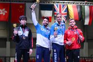 Winner Italy\'s Guillaume Bianchi (2nd L) celebrates with second place Japan\'s Takahiro Shikine (L), third place Italy\'s Tommaso Marini and Spain\'s Carlos Llavador during the 2024 FIE Fencing World Cup Men\'s Foil award ceremony in Hand Kong on May 3, 2024. (Photo by AFLO