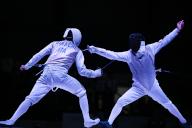 Japan\'s Takahiro Shikine (R) fights against Italy\'s Guillaume Bianchi during the 2024 FIE Fencing World Cup Men\'s Foil final match in Hand Kong on May 3, 2024. (Photo by AFLO