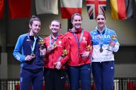 Winner United States\' Maia Mei Weintraub (2nd L) celebrates with second place Italy\'s Elena Tangherlini (L), third place United States\' Jackie Dubrovich and Italy\'s Arianna Errigo during the 2024 FIE Fencing World Cup Women\'s Foil award ceremony in Hand Kong on Mayl 3, 2024. (Photo by AFLO