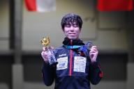 Second place Japan\'s Takahiro Shikine poses during the 2024 FIE Fencing World Cup Men\'s Foil award ceremony in Hand Kong on May 3, 2024. (Photo by AFLO