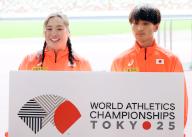 May 13, 2024, Tokyo, Japan - javelin throw world champion Haruka Kitaguchi (L) and long jumper Yuki Hashioka (R) display the logo mark of World Athletics Championships Tokyo 2025 at Japan