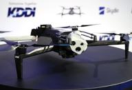 May 13, 2024, Tokyo, Japan - US drone maker Skydio displays their latest drone "Skydio X10" which allows to fly autonomously in tatal darkness places with visible and infrared cameras as Japan