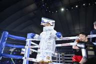 Challenger Yoshiki Takei of Japan and his trainer Akira Yaegashi befoe the WBO world bantamweight title boxing bout at Tokyo Dome in Tokyo, Japan on May 6, 2024. (Photo by Hiroaki Finito Yamaguchi/AFLO
