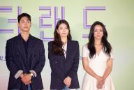 Park Bo-Gum, Bae Suzy and Tang Wei, May 9, 2024 : (L-R) Cast members Park Bo-Gum, Bae Suzy and Tang Wei pose at a press conference of Korean film "Wonderland" in Seoul, South Korea. The sci-fi fantasy film revolves around people who use an AI service called "Wonderland" that allows them to communicate with their deceased loved ones by video calls. (Photo by Lee Jae-Won/AFLO