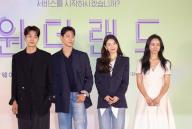Choi Woo-Shik, Park Bo-Gum, Bae Suzy and Tang Wei, May 9, 2024 : (L-R) Cast members Choi Woo-Shik, Park Bo-Gum, Bae Suzy and Tang Wei pose at a press conference of Korean film "Wonderland" in Seoul, South Korea. The sci-fi fantasy film revolves around people who use an AI service called "Wonderland" that allows them to communicate with their deceased loved ones by video calls. (Photo by Lee Jae-Won/AFLO