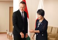 May 21, 2024, Tokyo, Japan - Hungarian Foreign and Trade Minister Peter Szijjarto (L) is greeted by Japanese Foreign Minister Yoko Kamikawa (R) for their talks at Kamikawa