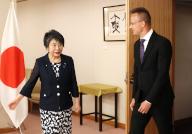 May 21, 2024, Tokyo, Japan - Hungarian Foreign and Trade Minister Peter Szijjarto (R) is greeted by Japanese Foreign Minister Yoko Kamikawa (L) for their talks at Kamikawa