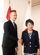 May 21, 2024, Tokyo, Japan - Hungarian Foreign and Trade Minister Peter Szijjarto (L) shakes hands with Japanese Foreign Minister Yoko Kamikawa (R) prior to their talks at Kamikawa