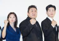 Lee Joo-Bin, Ma Dong-Seok (Don Lee) and Kim Moo-Yul, May 16, 2024 : (L-R) Lee Joo-Bin, Ma Dong-Seok (Don Lee) and Kim Moo-Yul, cast members of film "The Roundup: Punishment" attend an event to show gratitude for the support of the audience in Seoul, South Korea. The fourth installment of "The Roundup" crime-action film franchise set another record by attracting more than 10 million viewers on May 15, after 22 days of screening, local media reported. (Photo by Lee Jae-Won/AFLO