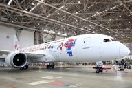 June 2, 2024, Tokyo, Japan - Japan Airlines\' (JAL) Myaku-Myaku jet designed with Myaku-Myaku, mascot of the 2025 World Expo Osaka\/Kansai is unveiled at the JAL hangar of the Haneda airport in Tokyo on Sunday, June 2, 2024. The new Myaku-Myaku jet will serve for the international route from June 3, while the first one was launched for the domestic route last year. (photo by Yoshio Tsunoda\/AFLO