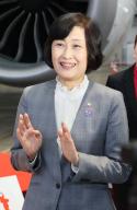 June 2, 2024, Tokyo, Japan - Japan Airlines (JAL) president Mitsuko Tottori speaks to reporters after at a presentation of the Myaku-Myaku jet designed with Myaku-Myaku, mascot of the 2025 World Expo Osaka\/Kansai at the JAL hangar of the Haneda airport in Tokyo on Sunday, June 2, 2024. The new Myaku-Myaku jet will serve for the international route from June 3, while the first one was launched for the domestic route last year. (photo by Yoshio Tsunoda\/AFLO