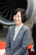 June 2, 2024, Tokyo, Japan - Japan Airlines (JAL) president Mitsuko Tottori speaks to press after a presentation of the Myaku-Myaku jet designed with Myaku-Myaku, mascot of the 2025 World Expo Osaka\/Kansai at the JAL hangar of the Haneda airport in Tokyo on Sunday, June 2, 2024. The new Myaku-Myaku jet will serve for the international route from June 3, while the first one was launched for the domestic route last year. (photo by Yoshio Tsunoda\/AFLO