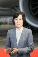 June 2, 2024, Tokyo, Japan - Japan Airlines (JAL) president Mitsuko Tottori speaks to reporters after a presentation of the Myaku-Myaku jet designed with Myaku-Myaku, mascot of the 2025 World Expo Osaka\/Kansai at the JAL hangar of the Haneda airport in Tokyo on Sunday, June 2, 2024. The new Myaku-Myaku jet will serve for the international route from June 3, while the first one was launched for the domestic route last year. (photo by Yoshio Tsunoda\/AFLO